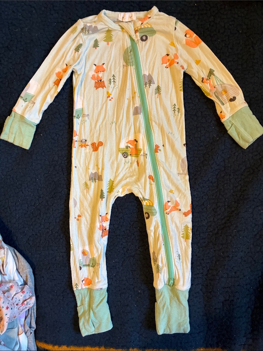 Angel Dear Cream Fox Print One-Piece Footie with Mint Accents